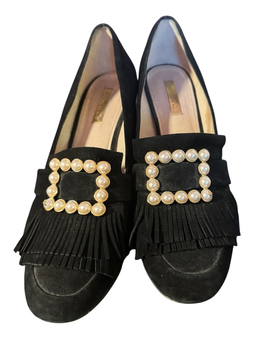 Louise et Cie Idali Black Suede Pearl Buckle Fringe Kiltie Pumps Size 9.5 - Picture 2 of 5